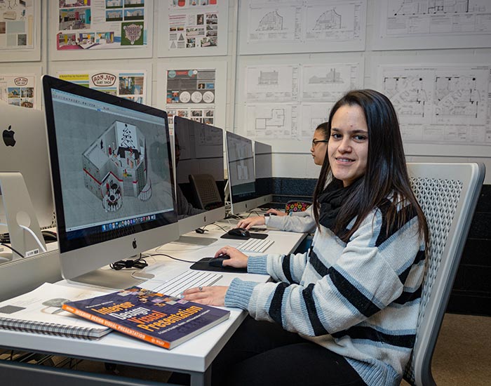 Female student working on interior design work on computer